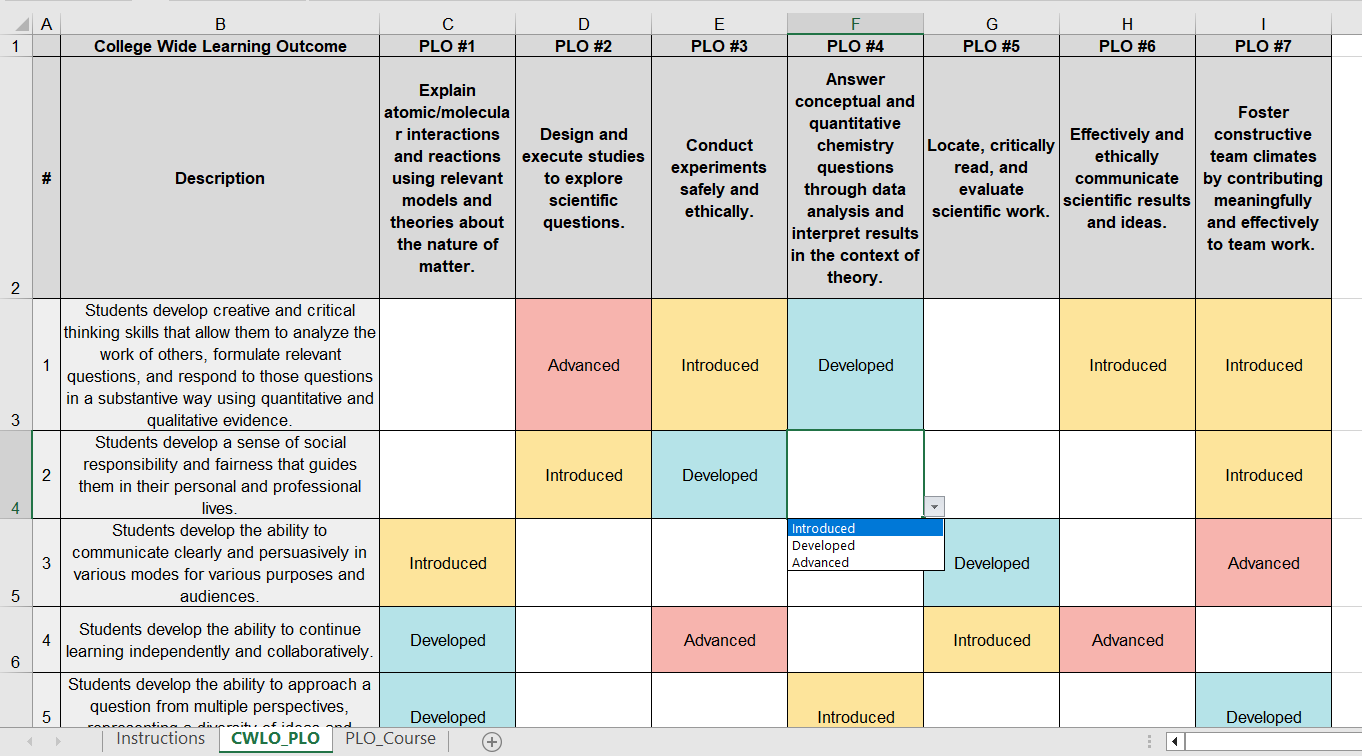 Excel file for inputting curriculum mapping data